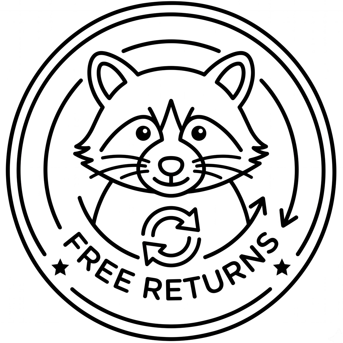A black and white circular line art logo featuring a raccoon face, a recycling symbol, and the text 'FREE RETURNS' on a plain white background.
