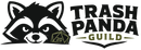 A black and white raccoon logo with a small green dice icon next to the text 'TRASH PANDA GUILD' on a plain white background.